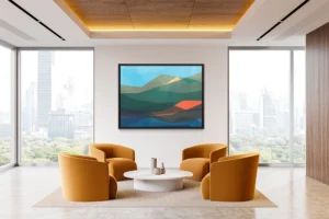 Mountain peaks blending rich blues, oranges, and greens along with bold geometric shapes.