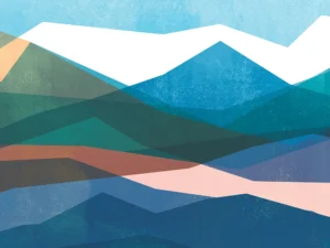 Mountain peaks blending rich blues, oranges, and greens along with bold geometric shapes.