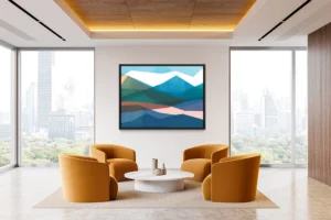 Mountain peaks blending rich blues, oranges, and greens along with bold geometric shapes.