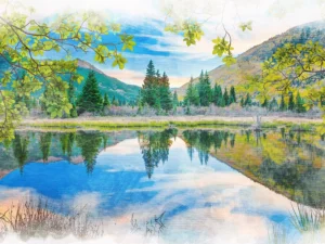 A serene mountain scene reflected in water, with soft blues, greens, and touches of pink.