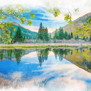 A serene mountain scene reflected in water, with soft blues, greens, and touches of pink.