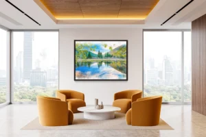 A serene mountain scene reflected in water, with soft blues, greens, and touches of pink.