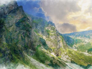 Mountain landscape with lush greenery, dramatic cliffs, and glowing sky.