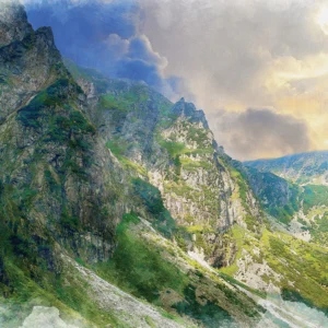 Mountain landscape with lush greenery, dramatic cliffs, and glowing sky.