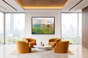 Mountain landscape with lush greenery, dramatic cliffs, and glowing sky.