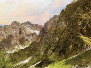 Mountain landscape with lush greenery, dramatic cliffs, and glowing sky.