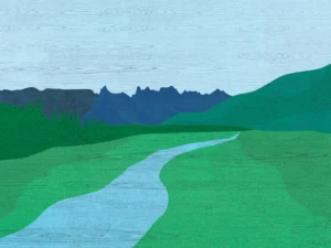 Minimalist landscape with winding river, green fields, and layered blue mountain silhouettes.
