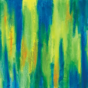 A painterly abstract in blue, green, yellow, and hints of orange.