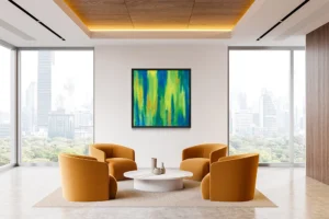 A painterly abstract in blue, green, yellow, and hints of orange.