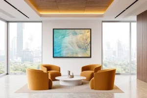 A layered abstract evoking water and geology in a soothing composition.