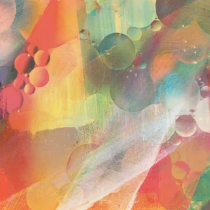 Bubbles and brushstrokes interplay in this vibrant abstract of red, orange, and green, accented by touches of blue.