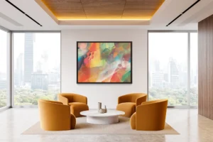Bubbles and brushstrokes interplay in this vibrant abstract of red, orange, and green, accented by touches of blue.