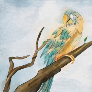 Watercolor parrot perched on a branch relaxing.