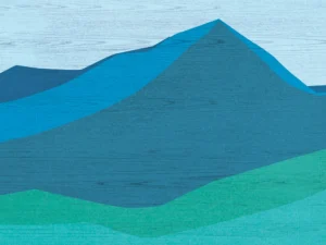 Layered hills in cool blues and greens form a minimalist mountain landscape.