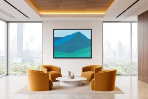 Layered hills in cool blues and greens form a minimalist mountain landscape.