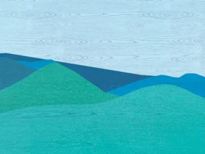 Layered hills in cool blues and greens form a minimalist mountain landscape.