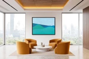 Layered hills in cool blues and greens form a minimalist mountain landscape.