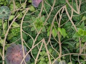 Lush green foliage and succulents interwoven with an intricate, leaf-shaped lattice design.
