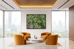 Lush green foliage and succulents interwoven with an intricate, leaf-shaped lattice design.