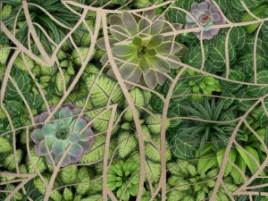 Lush green foliage and succulents interwoven with an intricate, leaf-shaped lattice design.