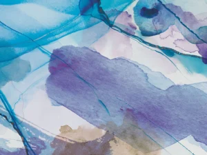 A painterly abstract with overlapping hues of purple, blue, and earth tones.