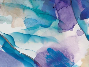 A painterly abstract with overlapping hues of purple, blue, and earth tones.