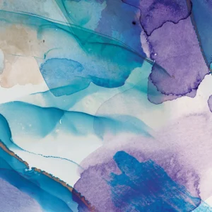 A painterly abstract with overlapping hues of purple, blue, and earth tones.
