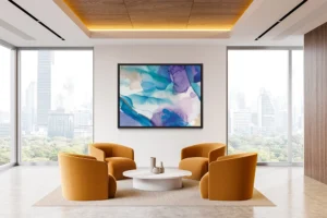 A painterly abstract with overlapping hues of purple, blue, and earth tones.