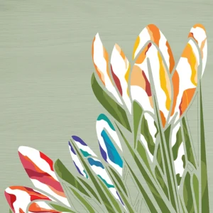 Tones of red, blue, and gold crocus flowers with layered green leaves on a muted sage background.