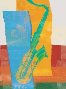 Vibrant jazz tribute blending saxophone, textures, warm tones, and musical history.