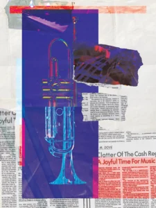 Vibrant jazz tribute blending trumpet, textures, cool tones, and musical history.