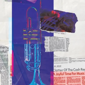 Vibrant jazz tribute blending trumpet, textures, cool tones, and musical history.