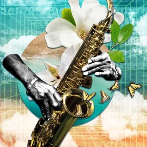 Jazz saxophone surrounded by magnolias, butterflies, ocean textures, and rhythmic abstraction.