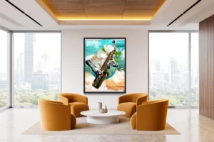 Jazz saxophone surrounded by magnolias, butterflies, ocean textures, and rhythmic abstraction.