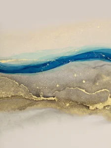 Intertwining swaths of blue and gold evoke an abstract seascape.