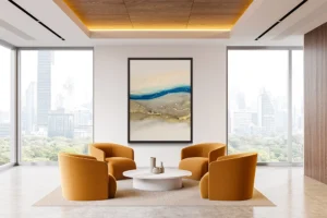 Intertwining swaths of blue and gold evoke an abstract seascape.