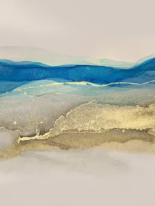 Intertwining swaths of blue and gold evoke an abstract seascape.
