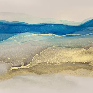 Intertwining swaths of blue and gold evoke an abstract seascape.