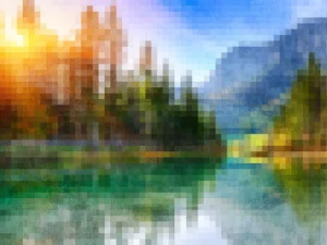 Pixelated landscape with vibrant sunset, forest, mountains, and a reflective lake.