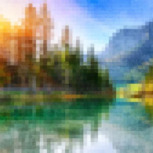 Pixelated landscape with vibrant sunset, forest, mountains, and a reflective lake.