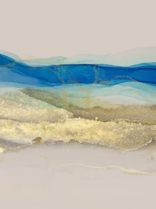 Intertwining swaths of blue and gold evoke an abstract seascape.