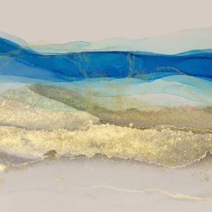 Intertwining swaths of blue and gold evoke an abstract seascape.