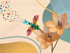 Colorful polygonal hummingbird approaches stylized orange flowers on soft background.