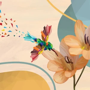 Colorful polygonal hummingbird approaches stylized orange flowers on soft background.
