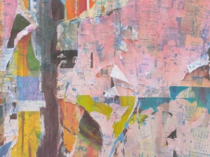 A colorful collage with a loosely layered city scene overlay.