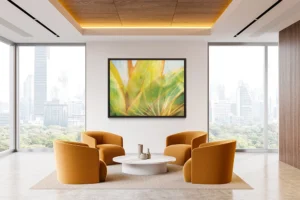 Abstract botanical captures the gentle light filtering through green, yellow, and orange leaves.