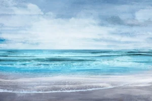 Tranquil seascape with gentle waves, soft blue tones, and a cloudy sky.