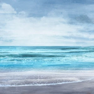 Tranquil seascape with gentle waves, soft blue tones, and a cloudy sky.