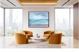 Tranquil seascape with gentle waves, soft blue tones, and a cloudy sky.