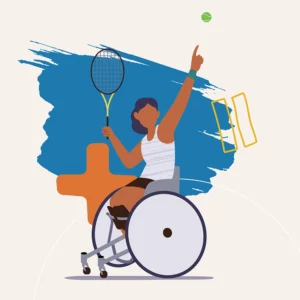 Wheelchair tennis player serving, highlighted by dynamic blue background.